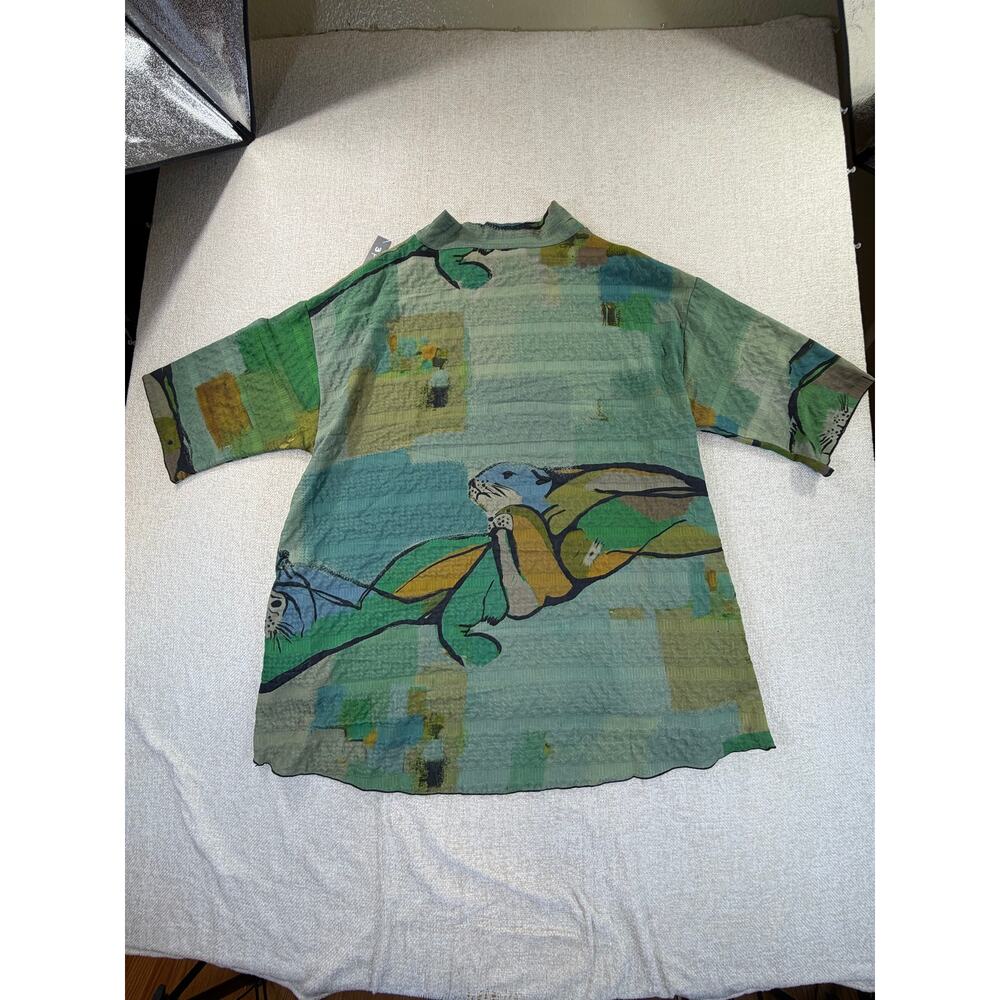 3 Potato Women Green Black XL NWT Seala Tunic Top 3/4 Sleeve Lightweight Boho - Picture 2 of 11